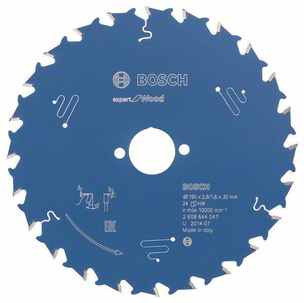 Zaagblad van BOSCH voor hout, diameter 190 mm, 24 tanden, max. 10.000 tpm, vervaardigd in Italië, blauwe oppervlakte.