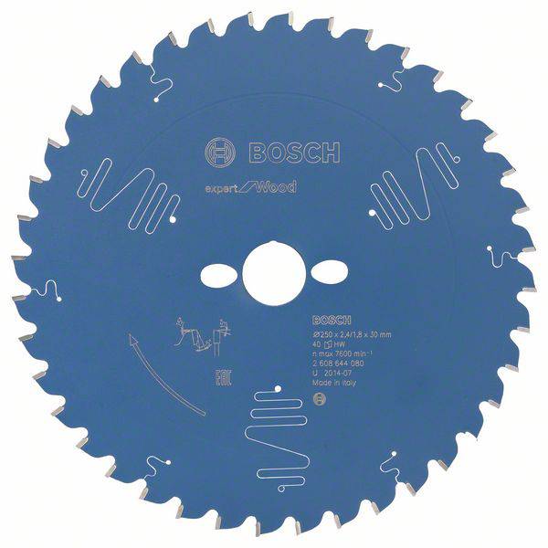 Afbeelding van een blauw cirkelzaagblad van Bosch, model 'Expert for Wood', Ø 225 mm, met 40 tanden, geschikt voor houtbewerking.