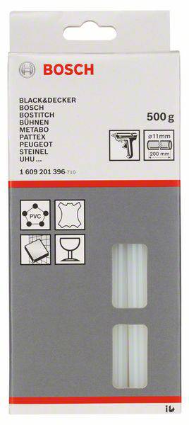 Verpakking van Bosch-lijmpatronen, geschikt voor merken zoals Black&Decker en Steinel. Gewicht: 500g. Diameter: 11mm, lengte: 200mm. Geschikt voor PVC, stof en hout.