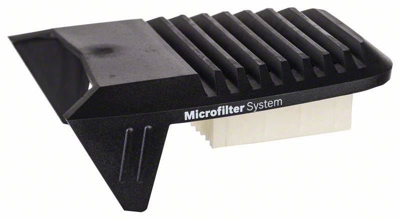 Een zwarte filterinzet met de opdruk 'Microfilter System', gebruikt voor luchtzuivering in technische apparaten of voertuigen.