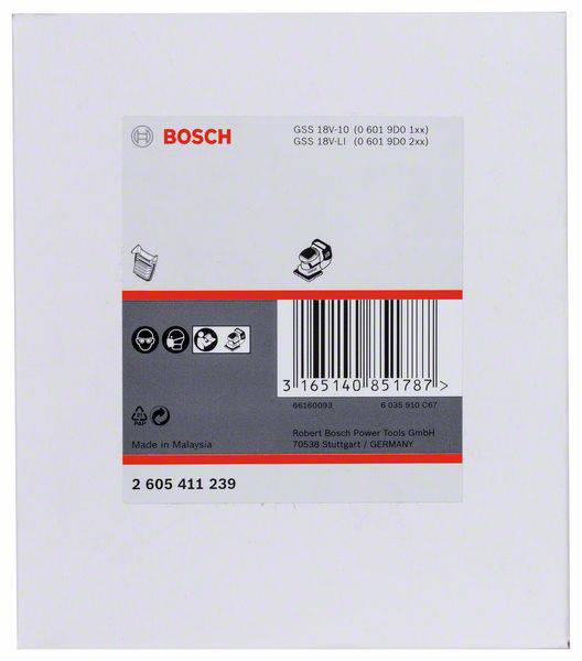 Etiket van een Bosch-slijpmachine-verpakking met serienummer, streepjescode en fabricageinformaties. Gemaakt in Maleisië.
