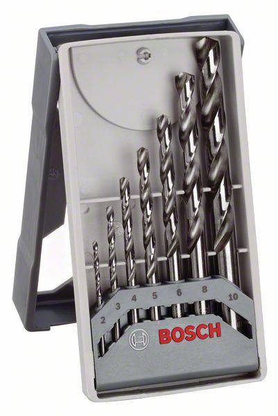 Boorset in grijze doos met acht spiraalboren van verschillende groottes, gemarkeerd van 3 tot 10 mm, merknaam 'BOSCH' zichtbaar.