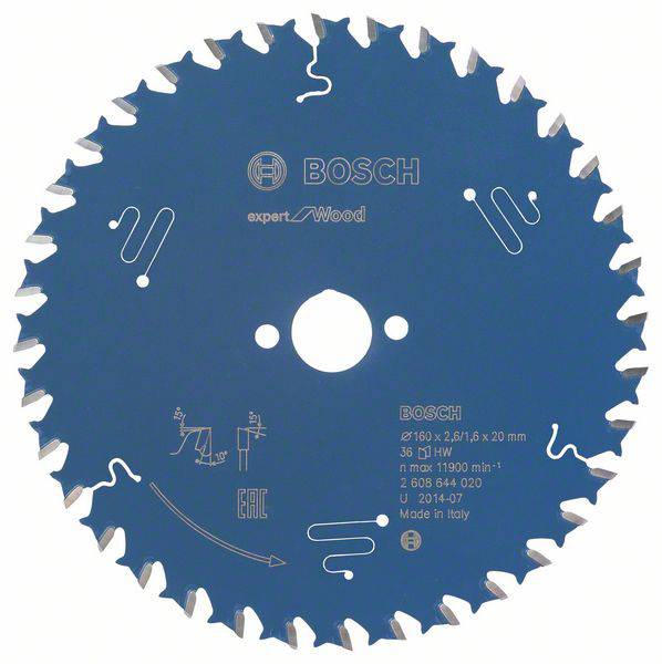 Cirkelzaagblad met markering 'Bosch Expert for Wood', blauwe achtergrond, 36 tanden. Geschikt voor hout, vervaardigd in Italië.