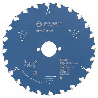 Zaagblad van blauw metaal met Bosch-logo, speciaal voor hout. Fabrikantgegevens en specificaties zijn op het oppervlak afgebeeld.