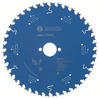 Blauw cirkelzaagblad met getande rand, gemerkt als 'Bosch expert for Wood', geschikt voor het zagen van hout.