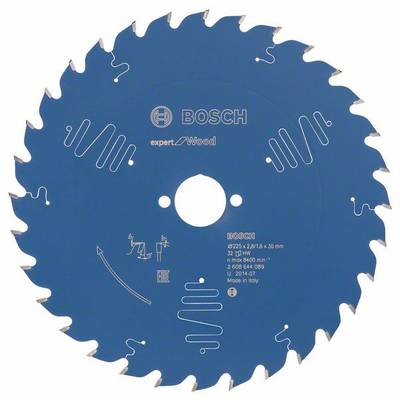'Bosch cirkelzaagblad, expert voor hout, 225 x 2,6 x 30 mm, 52 tanden, 8400 omw/min, Gemaakt in Italië.'