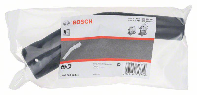Bedrukte plastic verpakking van een Bosch-stofzuigermondstuk. Bevat informatie en afbeeldingen van compatibele stofzuigermodellen.