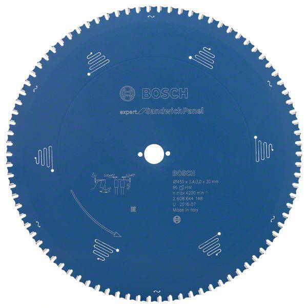 Cirkelzaagblad met blauwe coating, merk Bosch, met tanden voor het zagen van composietmaterialen, diameter 240 mm.