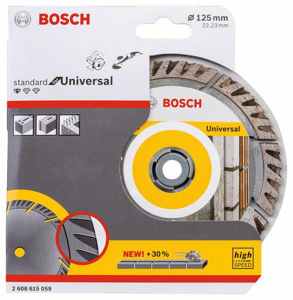 Bosch slijpschijf in verpakking. Geschikt voor universeel en hoogsnelheidsgebruik, diameter 125 mm. Verpakking toont aanvullende informatie.