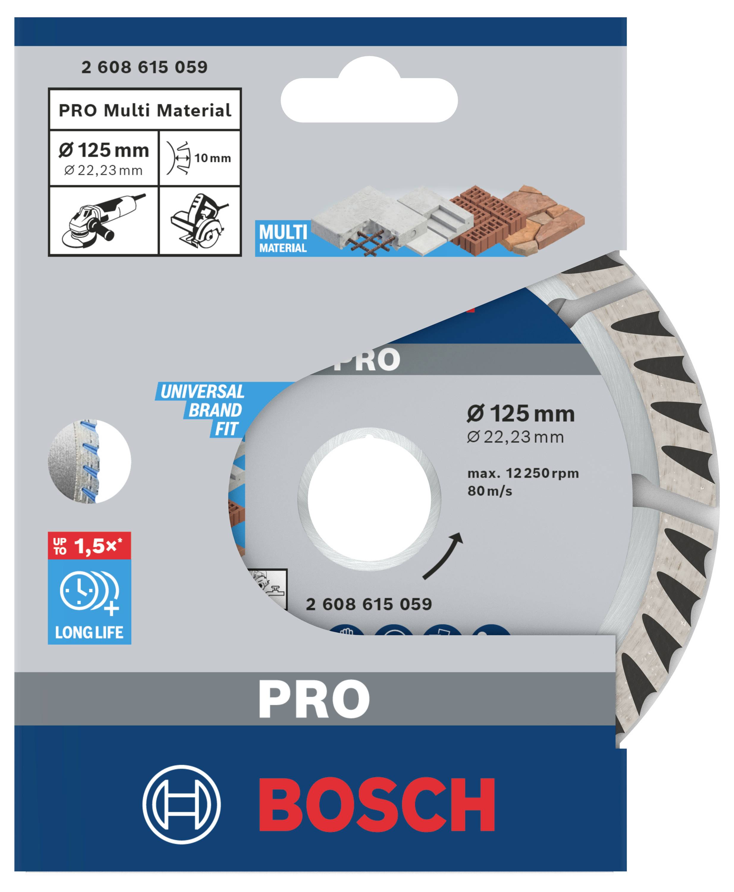 Verpakking van een Bosch PRO Multi Material doorslijpschijf, 125 mm diameter, geschikt voor verschillende materialen.