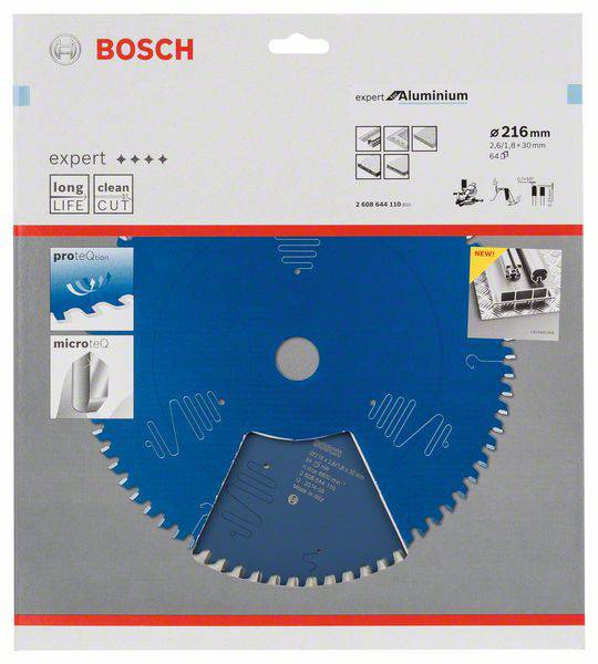 Zaagblad voor aluminium van Bosch met 216 mm diameter. Verpakkingsontwerp toont gebruiksaanwijzingen en kwaliteitskeurmerk.