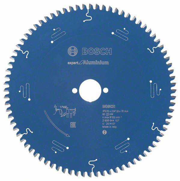 Bosch cirkelzaagblad voor aluminium, diameter 305 mm, blauwe oppervlakte met tanden en markeringen, Made in Italy.
