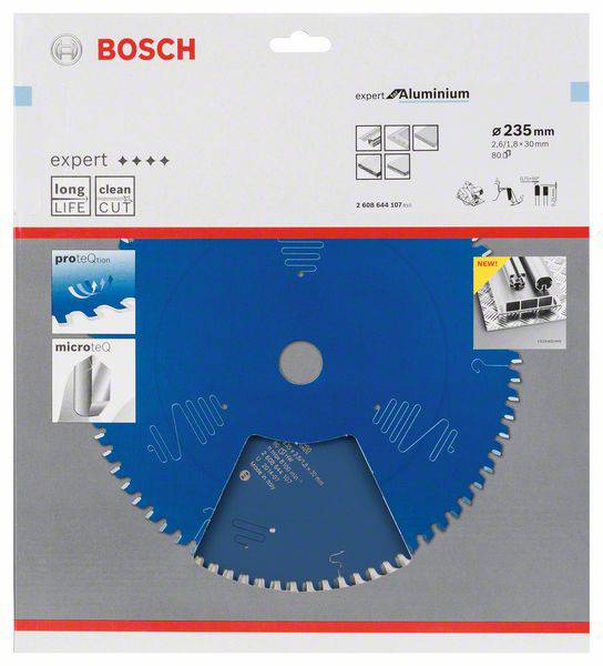 Afbeelding van een Bosch cirkelzaagblad, geschikt voor aluminium, diameter 235 mm, met duurzame en precisie zaagprestaties.