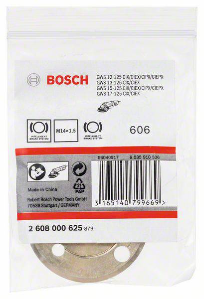 'Bosch reserveonderdeelverpakking voor haakse slijpers, bevat een spanschijf. Compatibel met GWS-modellen. Geproduceerd in China.'