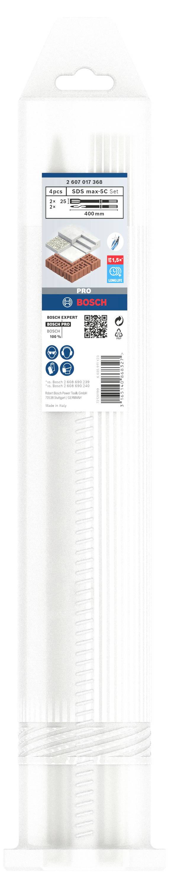 Verpakking met witte lijmsticks van het merk Bosch, geschikt voor hout, kunststof en papier. Bevat gebruiksaanwijzingen.