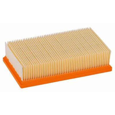 Rechthoekige luchfilter met witte plooien op een oranje achtergrond, bedoeld voor luchtzuivering in de motorruimte.