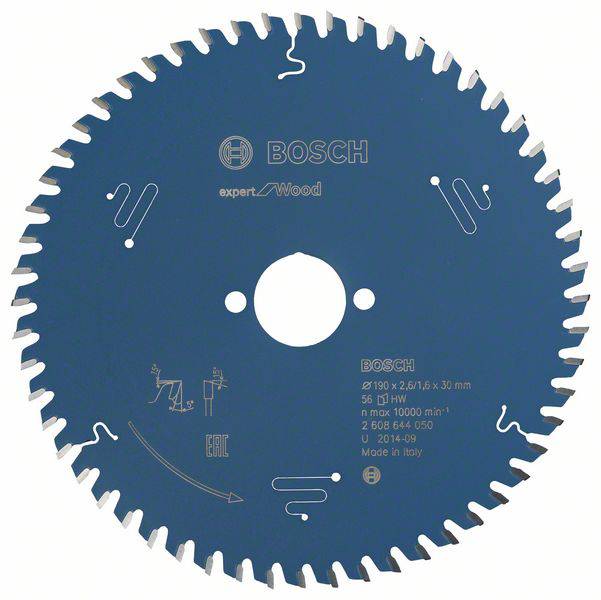 Cirkelzaagblad van Bosch, "Expert for Wood", diameter 190 mm, 30 mm boring, maximaal 7000 toeren per minuut, product uit Italië.