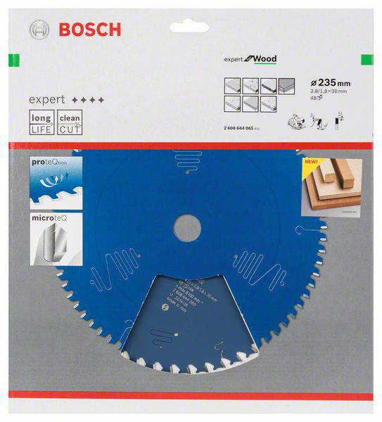 Bosch cirkelzaagblad voor hout, diameter 235 mm, met symbolen voor duurzaamheid en nauwkeurige snede. Verpakking toont productdetails.