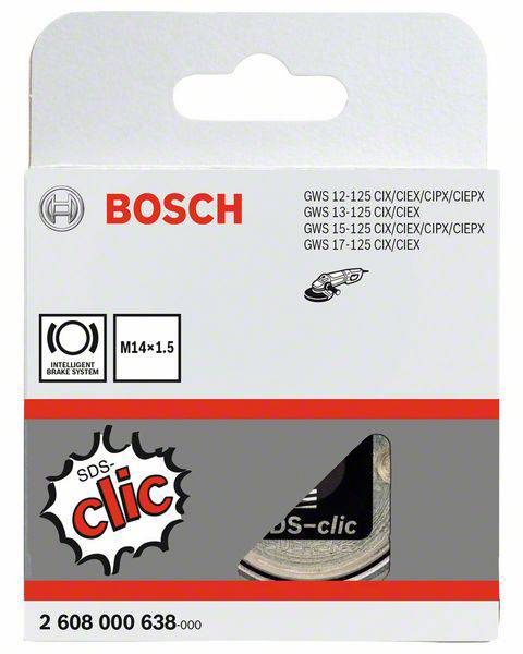 Verpakking van een Bosch SDS-clic slijpmoer met specifieke modelnummers en M14 x 1.5 schroefdraadgrootte, geschikt voor verschillende haakse slijpers.