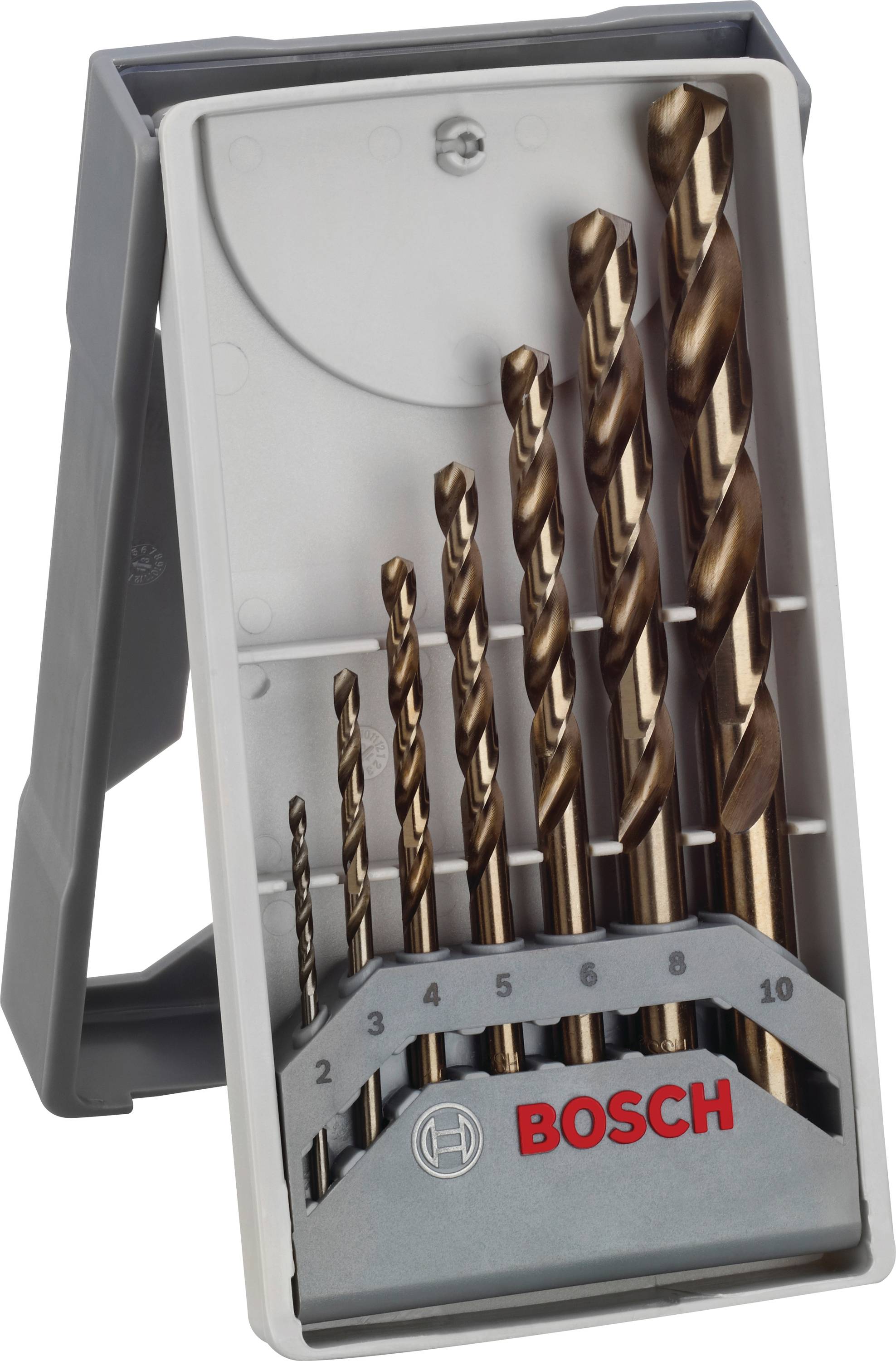 Boor-set 'Bosch' in een open, grijze etui. Zeven goudkleurige metalen boren in verschillende formaten zijn zichtbaar.
