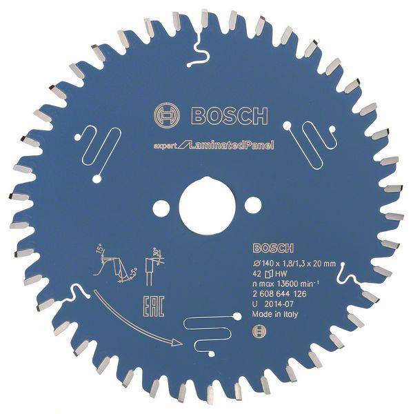 Bosch-cirkelzaagblad, blauw, voor gelamineerd paneel, modelcode en specificaties gedrukt, inclusief U-symbool en land van fabricage.