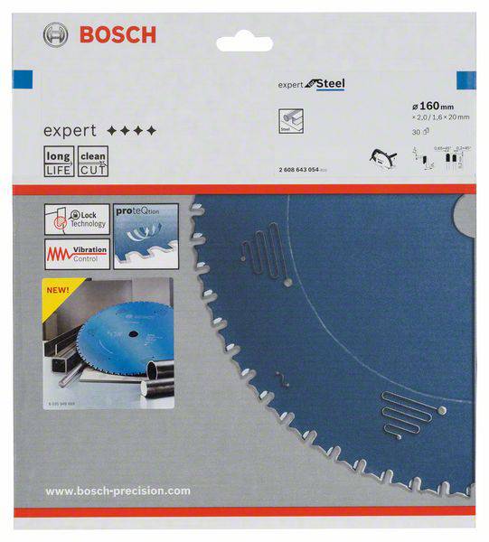 Verpakking van een Bosch-cirkelzaag met zaagblad. Bevat kenmerken zoals lange levensduur, zuivere snedes en stalen materiaal.