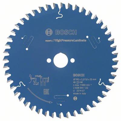 Zaagblad van Bosch, blauw, met opschrift 'expert for High Pressure Laminates', diameter 160 mm, 48 tanden, voor laminaatbewerking.