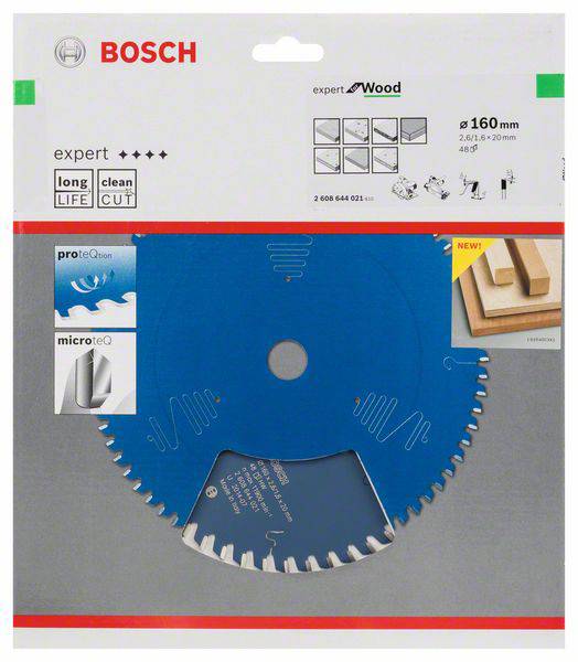 'Bosch cirkelzaagblad voor hout, diameter 160 mm, lange levensduur, schone zaagsnede. Geschikt voor proteQtion en microteQ materialen.'