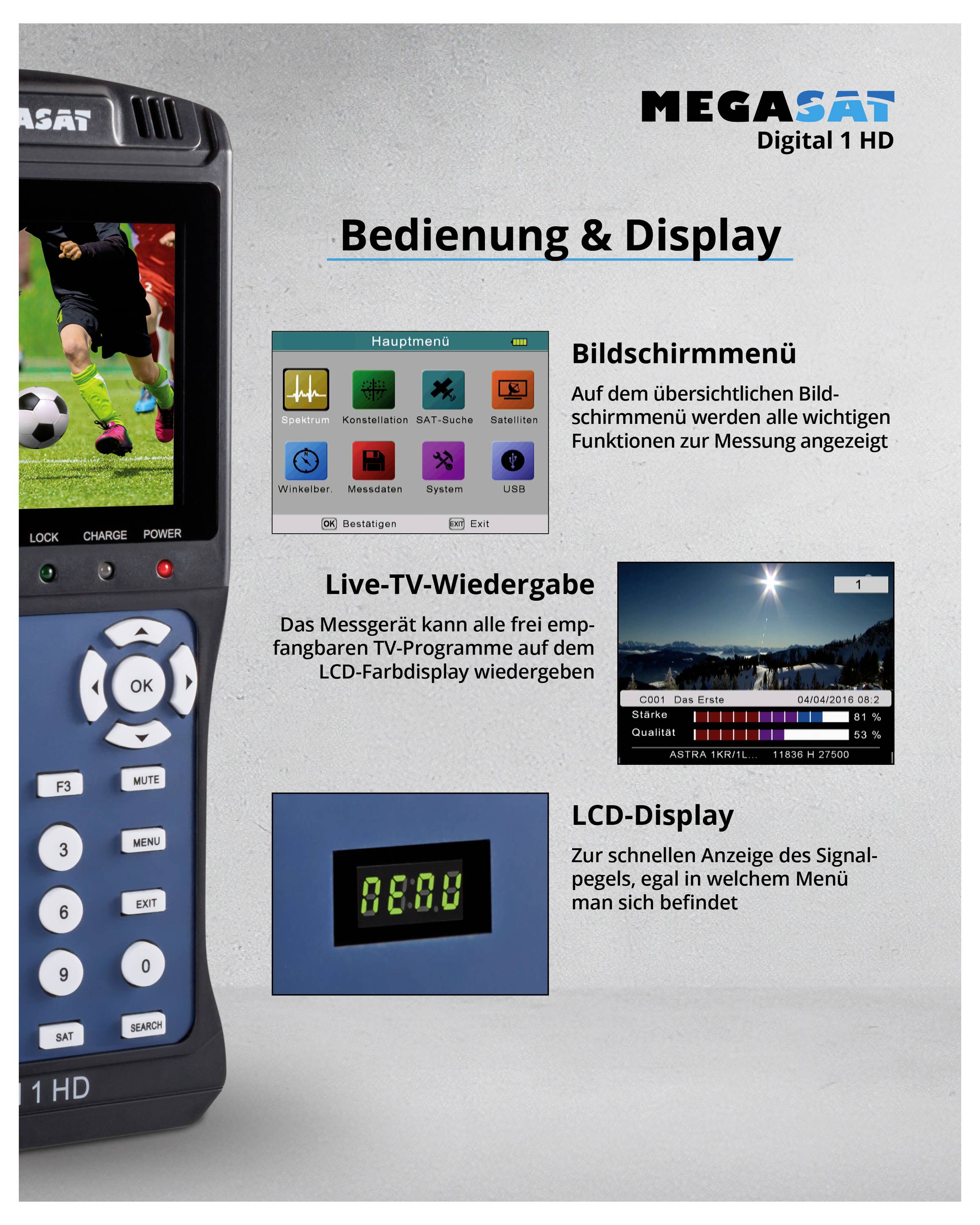 'Bediening & Display' licht het schermenmenu, live tv-weergave en lcd-display toe op een MegaSat Digital 1 HD apparaat.