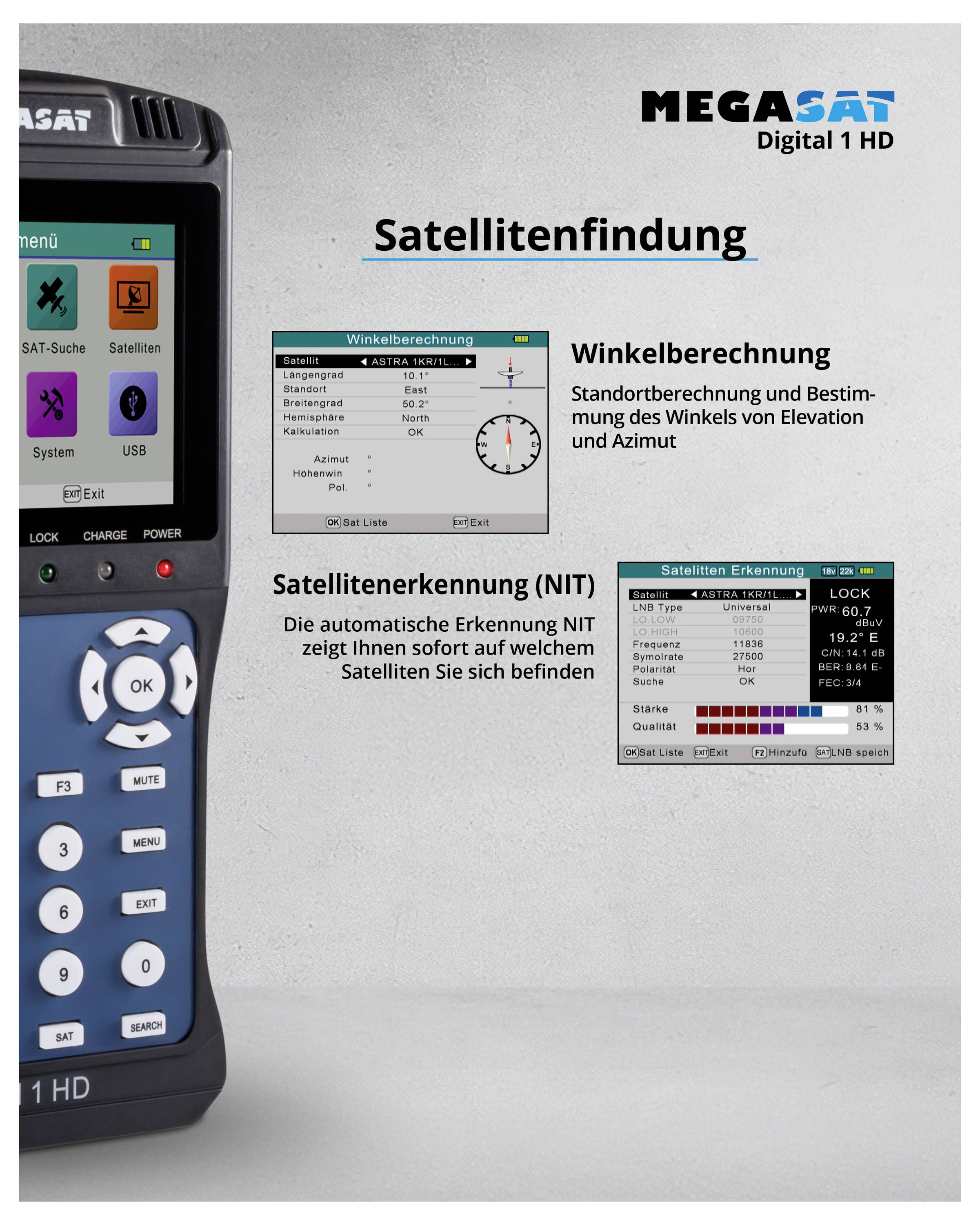 'Reclame voor MegaSat Digital 1 HD Satellietzoeker met nadruk op hoekberekening en automatische satellietherkenning (NIT).'