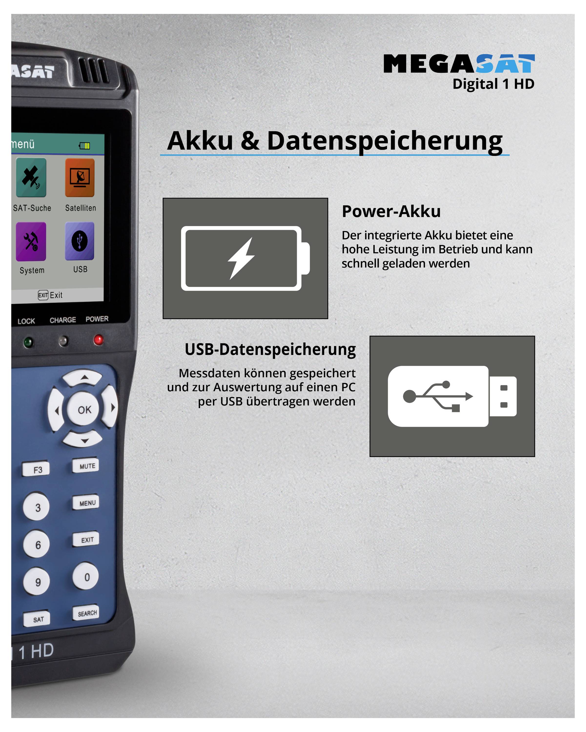'Accu & Gegevensopslag': Afbeelding van een draagbaar apparaat met display; aanwijzingen dat de ingebouwde accu hoogprestationeel is en gegevens via USB kunnen worden opgeslagen.