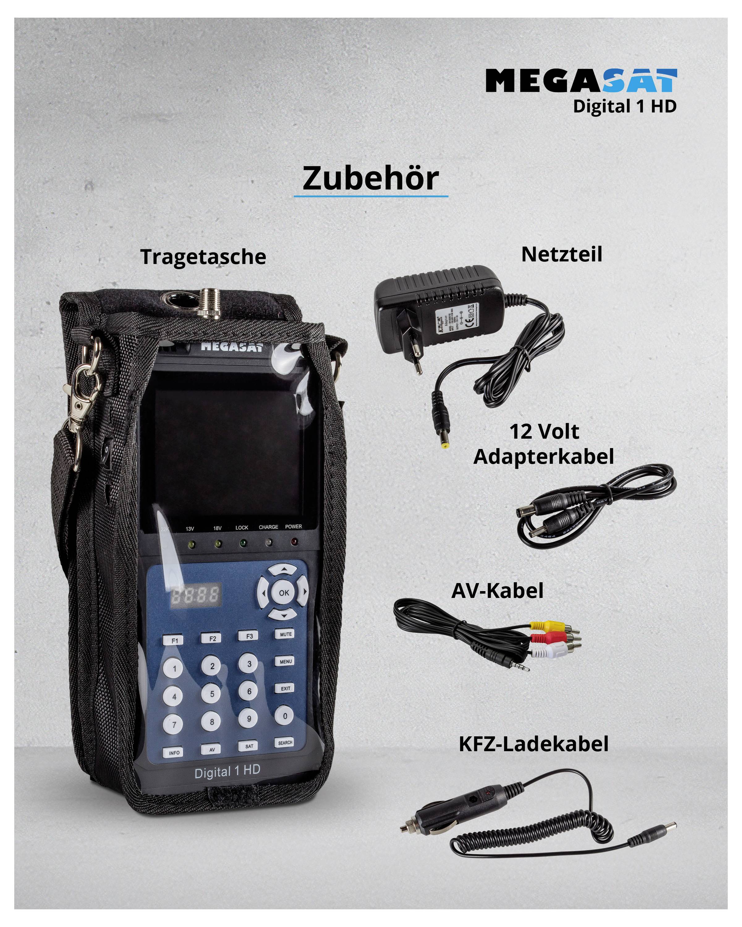 'MEGASAT Digital 1 HD' Sat-Finder met draagtas; Accessoires: Voedingsadapter, 12 volt adapterkabel, AV-kabel, auto-laadkabel.