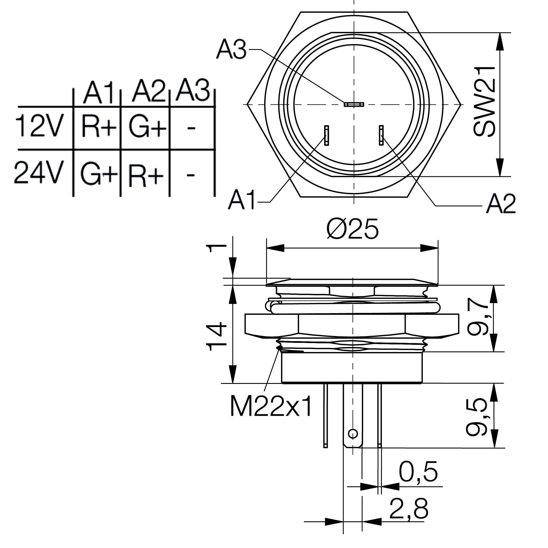 Technische tekening van een ronde schakelaar met aansluitingen (A1, A2, A3). Afmetingen: Ø25, hoogte 14, schroefdraad M22x1. Aansluitdetails voor 12V en 24V.