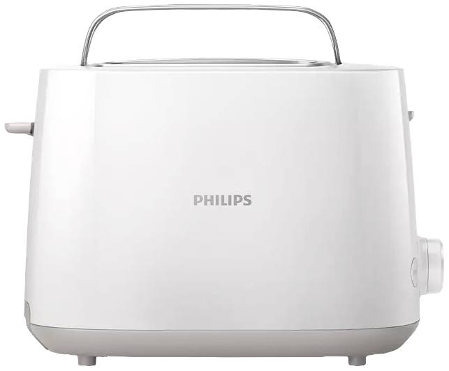 Een witte Philips broodrooster met een strak design, een draaiknop aan de zijkant en een hendel voor de toastfunctie.