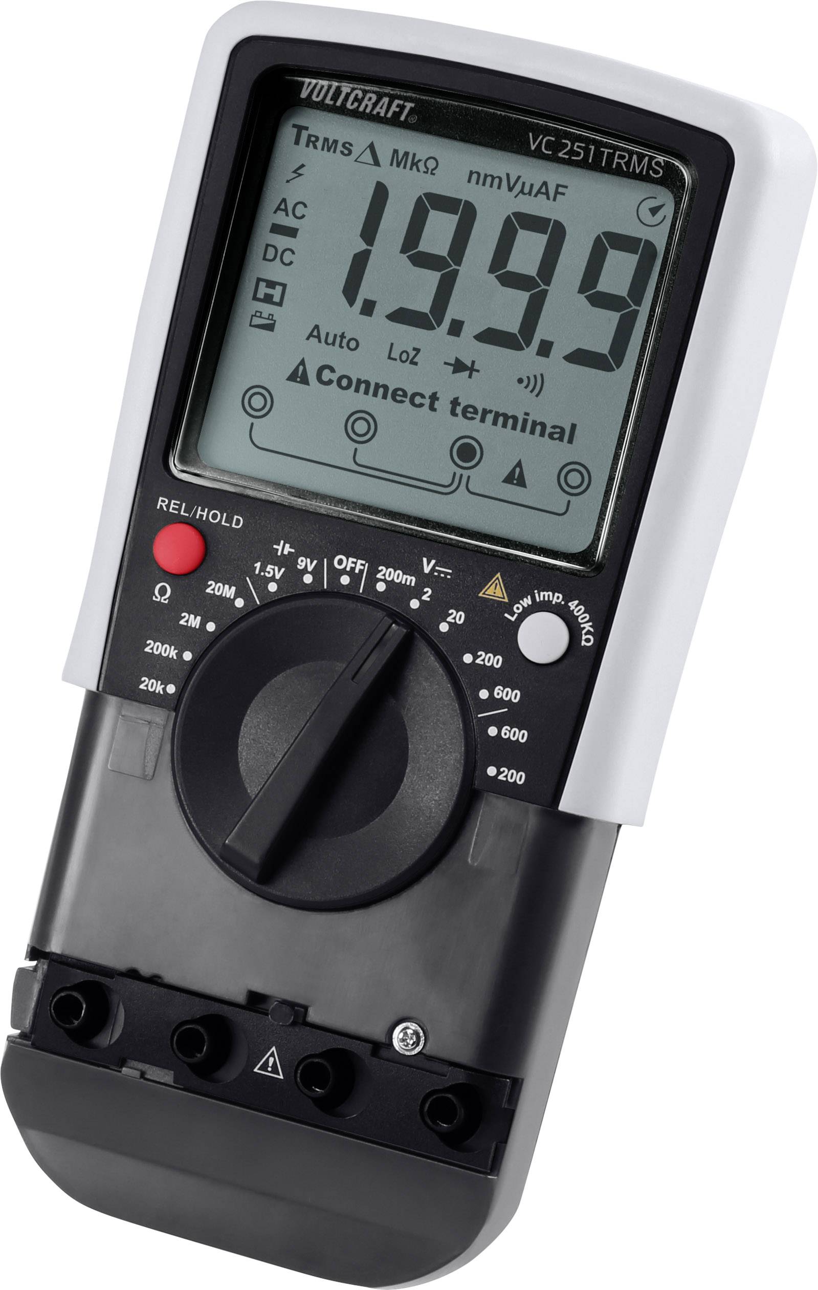 Digitale multimeter toont '1.999' op het display. Het meet elektrische waarden. Schakelaar voor verschillende meetmethoden en -bereiken.