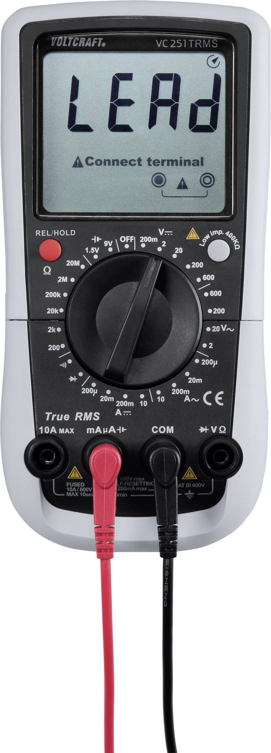 Een digitale multimeter toont de tekst 'LEAd' op het display. Daaronder staat de instructie 'Connect terminal'.