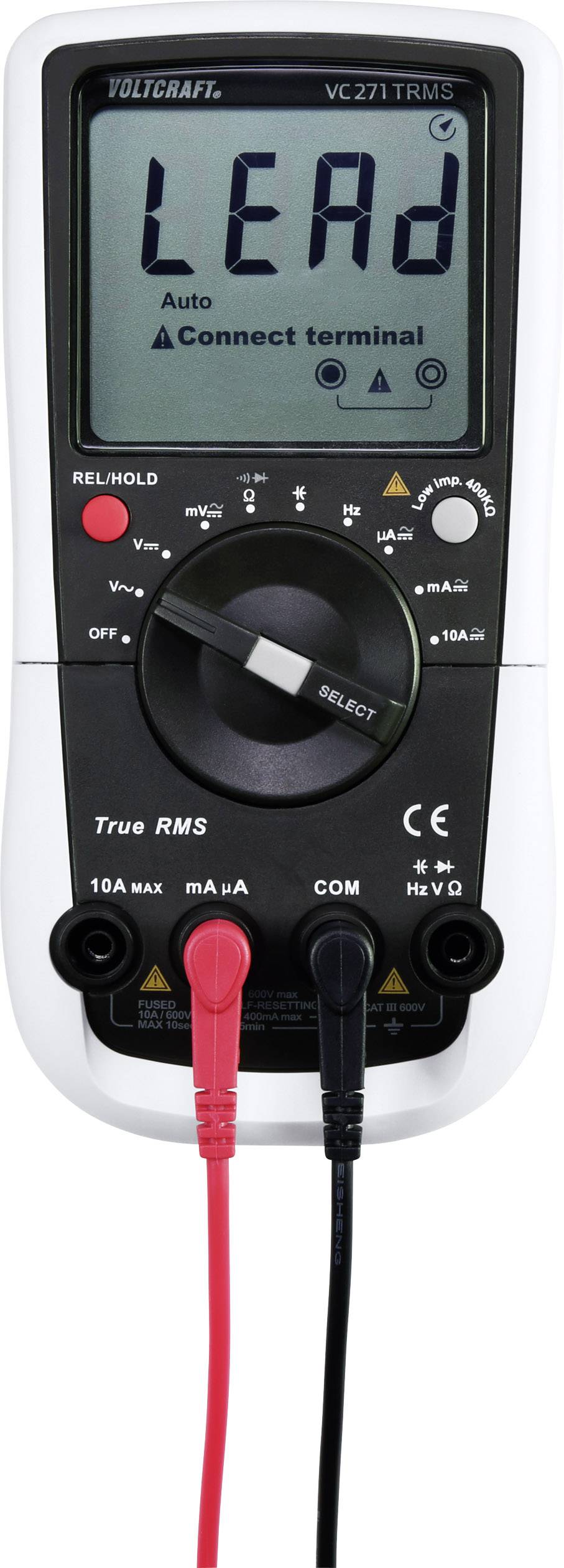 'Voltcraft VC271 TRMS Multimeter' met 'LEAd' weergave, draaiknop, meetaansluitingen voor spanning en stroomsterkte, rode en zwarte meetkabels aangesloten.
