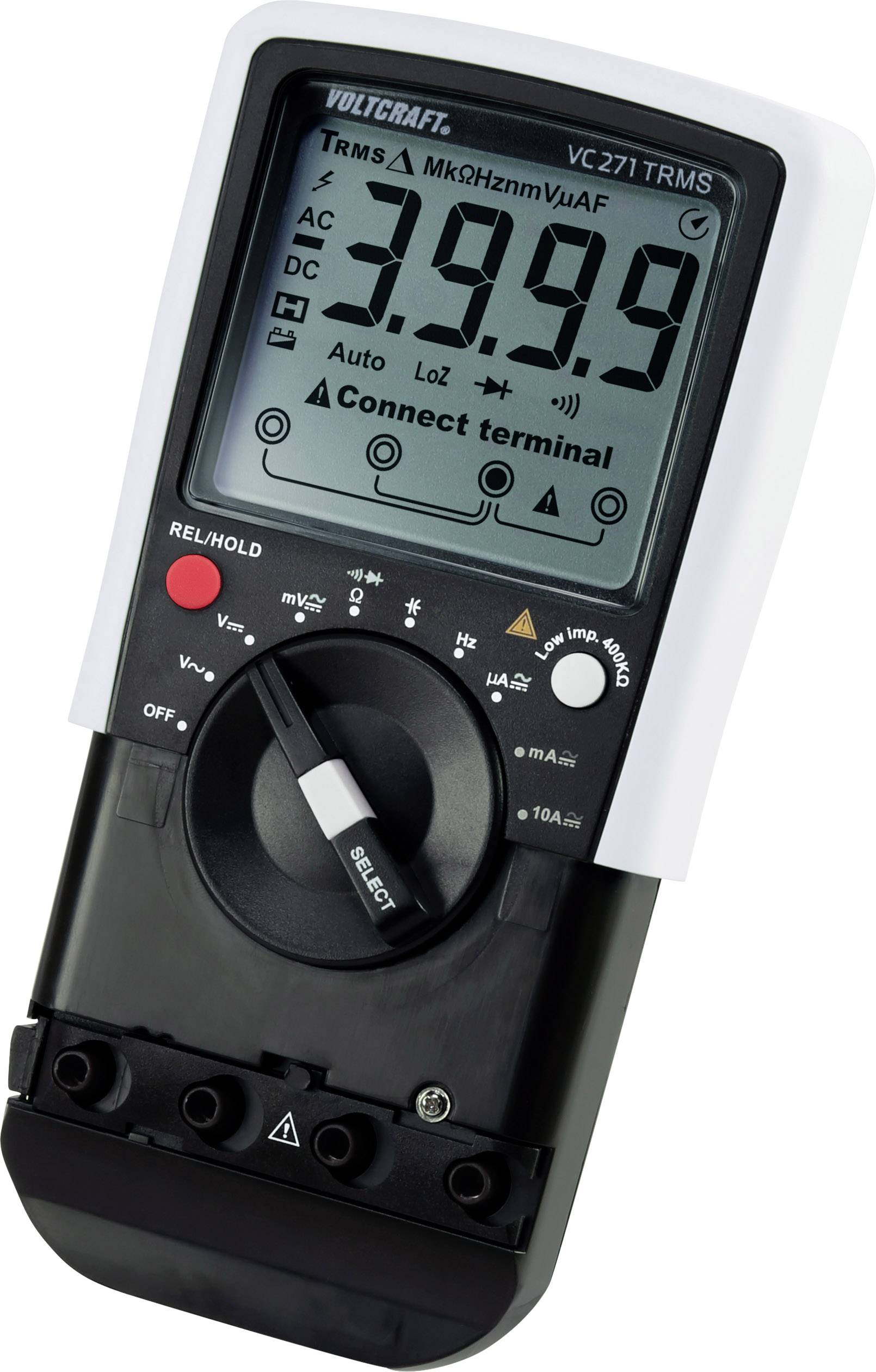 Digitale multimeter met groot display toont '3,99' volt. Functies zoals spanning, stroom, weerstand. Automatisch meetbereik.