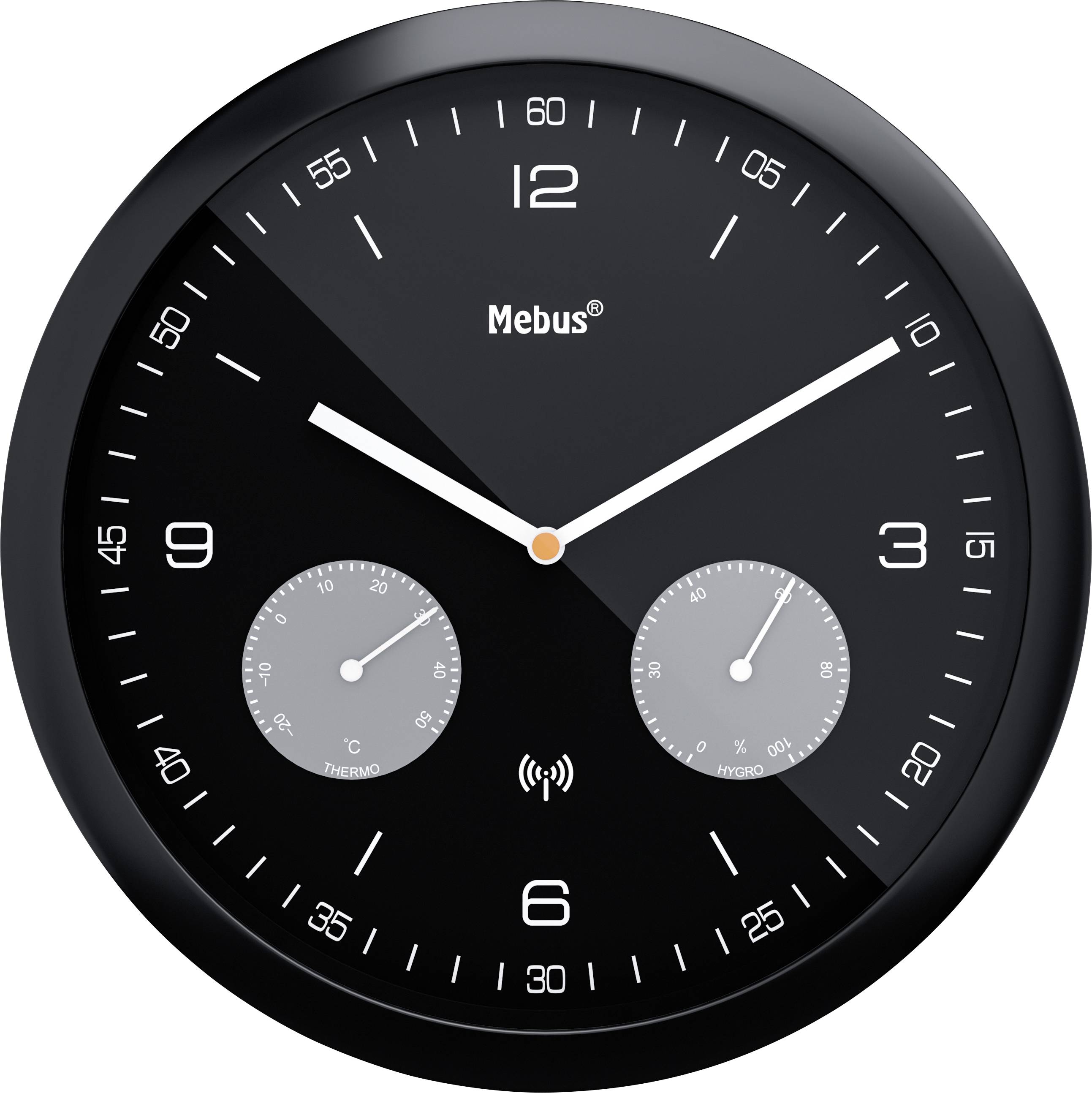 Een zwarte ronde analoge wandklok die de tijd aangeeft als 10:10, met twee extra kleine wijzerplaten voor temperatuur en luchtvochtigheid onder de hoofdwijzers.