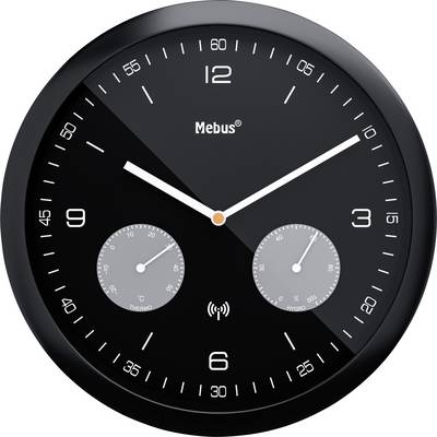 Een zwarte ronde analoge wandklok die de tijd aangeeft als 10:10, met twee extra kleine wijzerplaten voor temperatuur en luchtvochtigheid onder de hoofdwijzers.