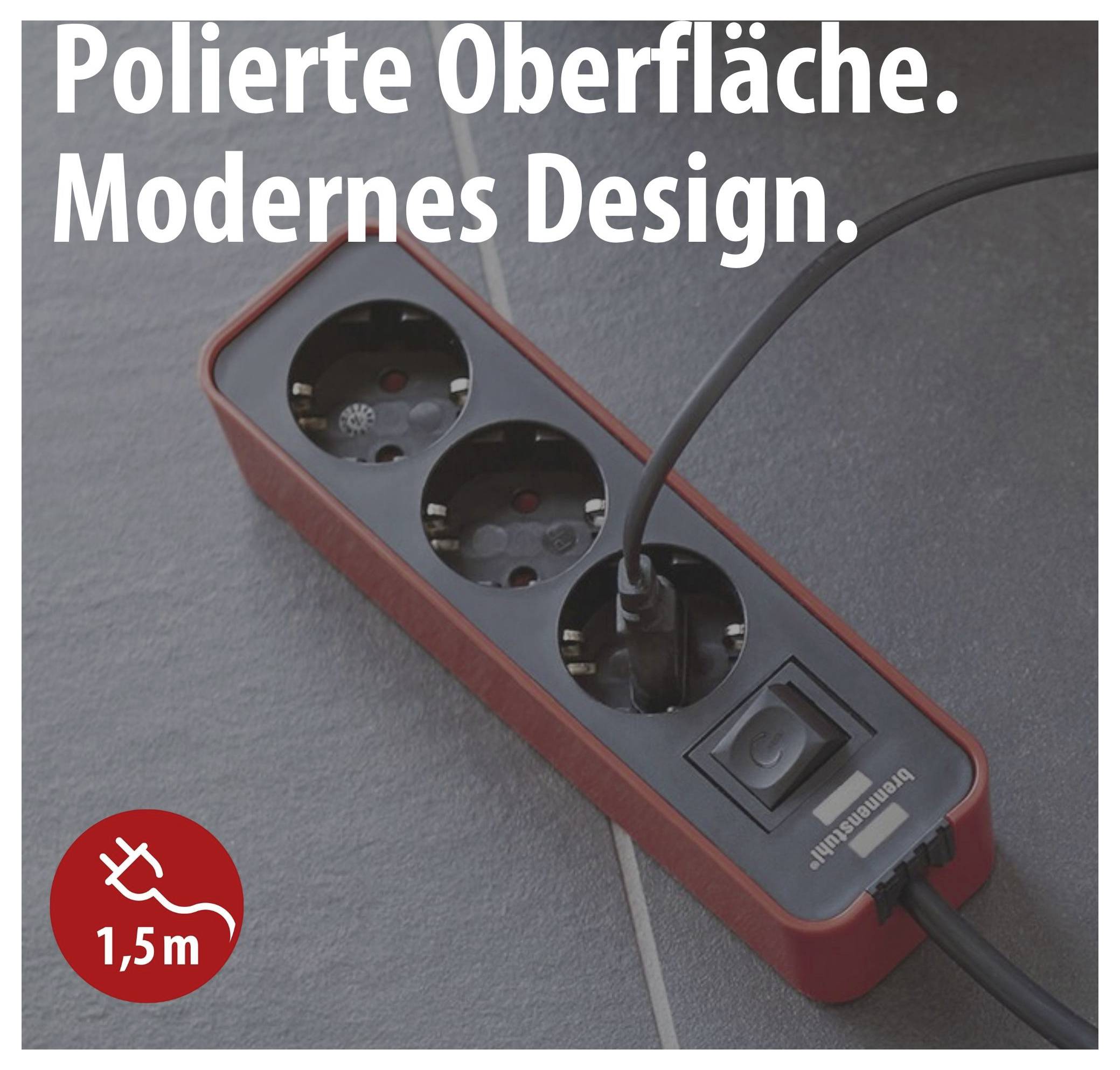 Rode stekkerstrip met zwarte afdekkingstrook en aangesloten kabel; tekst 'Gepolijst oppervlak. Modern design.' evenals aanduiding '1,5 m'.