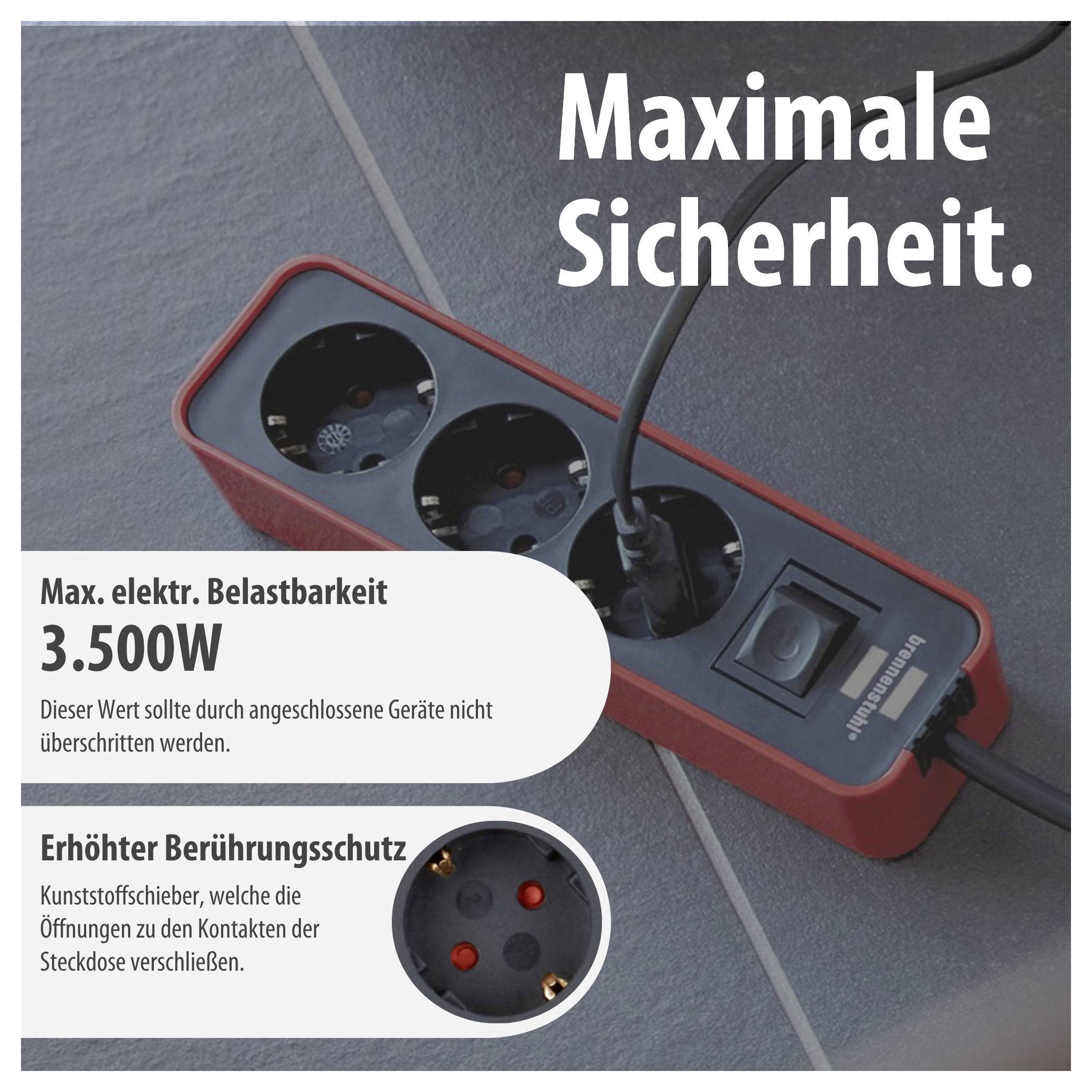 Advertentieafbeelding van een rode stekkerdoos met de aanduidingen 'Maximale veiligheid.', '3.500W' en 'Verhoogde aanraakbeveiliging'.