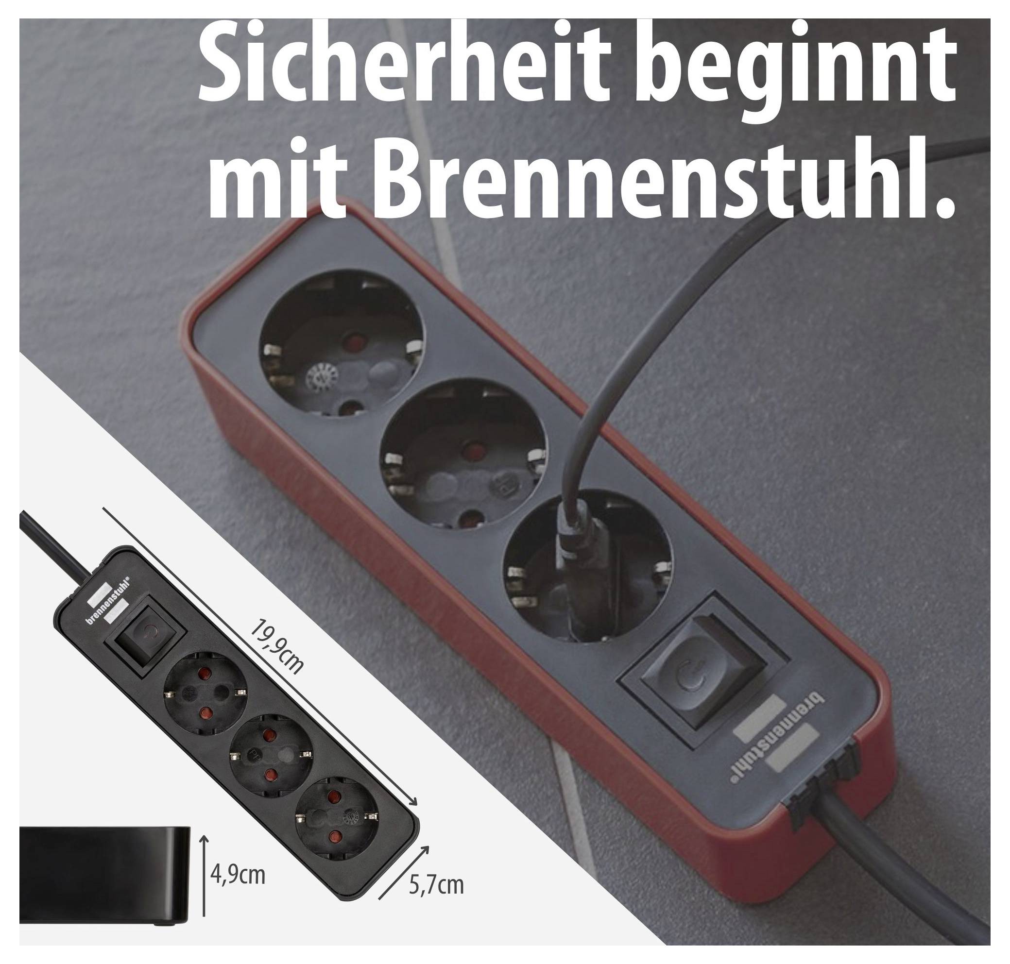 Meervoudige stekkerdoos met vier contactdozen en schakelaar; Tekst: 'Veiligheid begint met Brennenstuhl.' Afmetingen 19,9 cm, 4,9 cm en 5,7 cm.