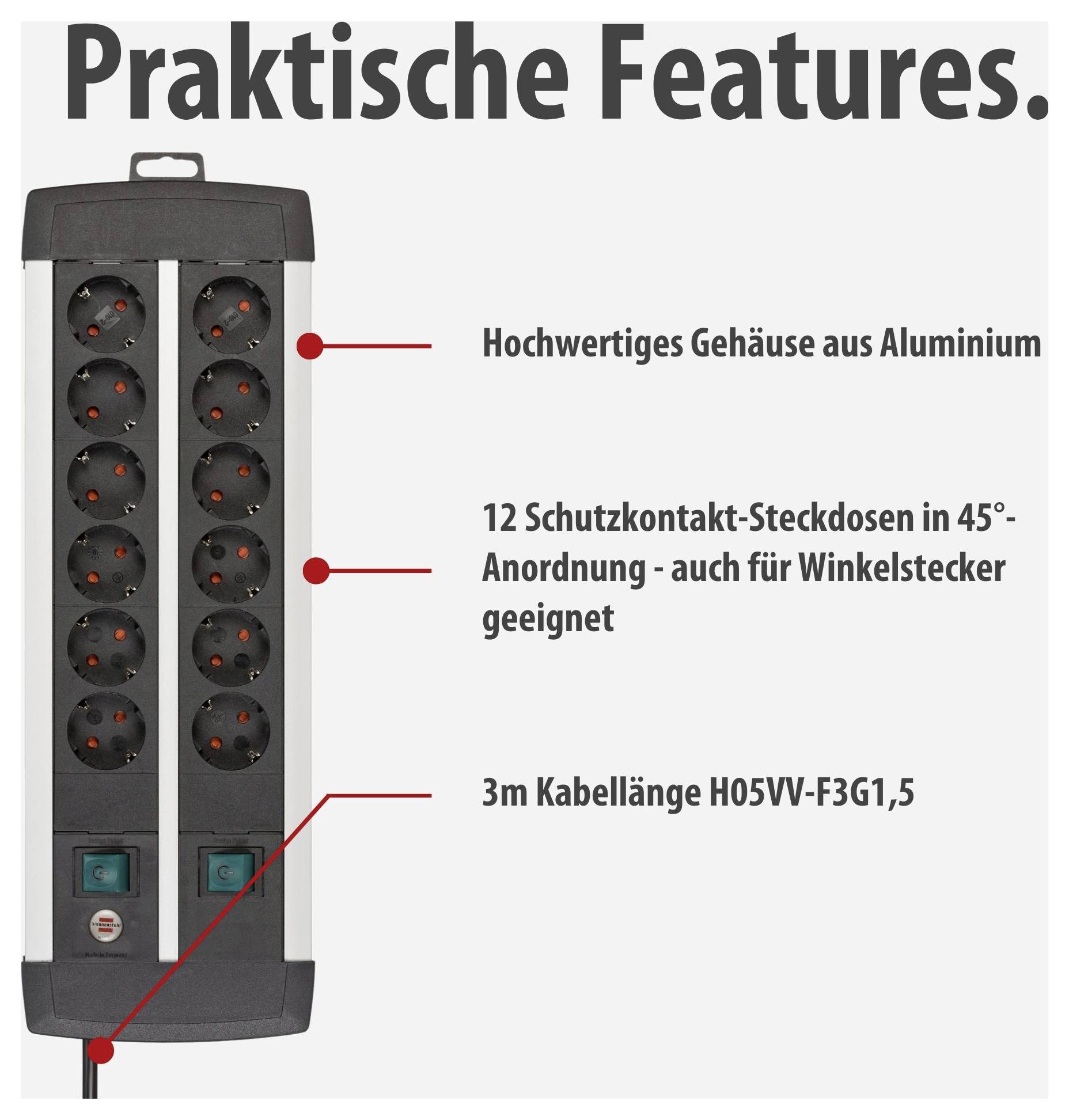 Productfoto van een meervoudige stekkerdoos met 12 geaarde stopcontacten en 3 m kabel; aluminium behuizing, stopcontacten in 45°-opstelling.
