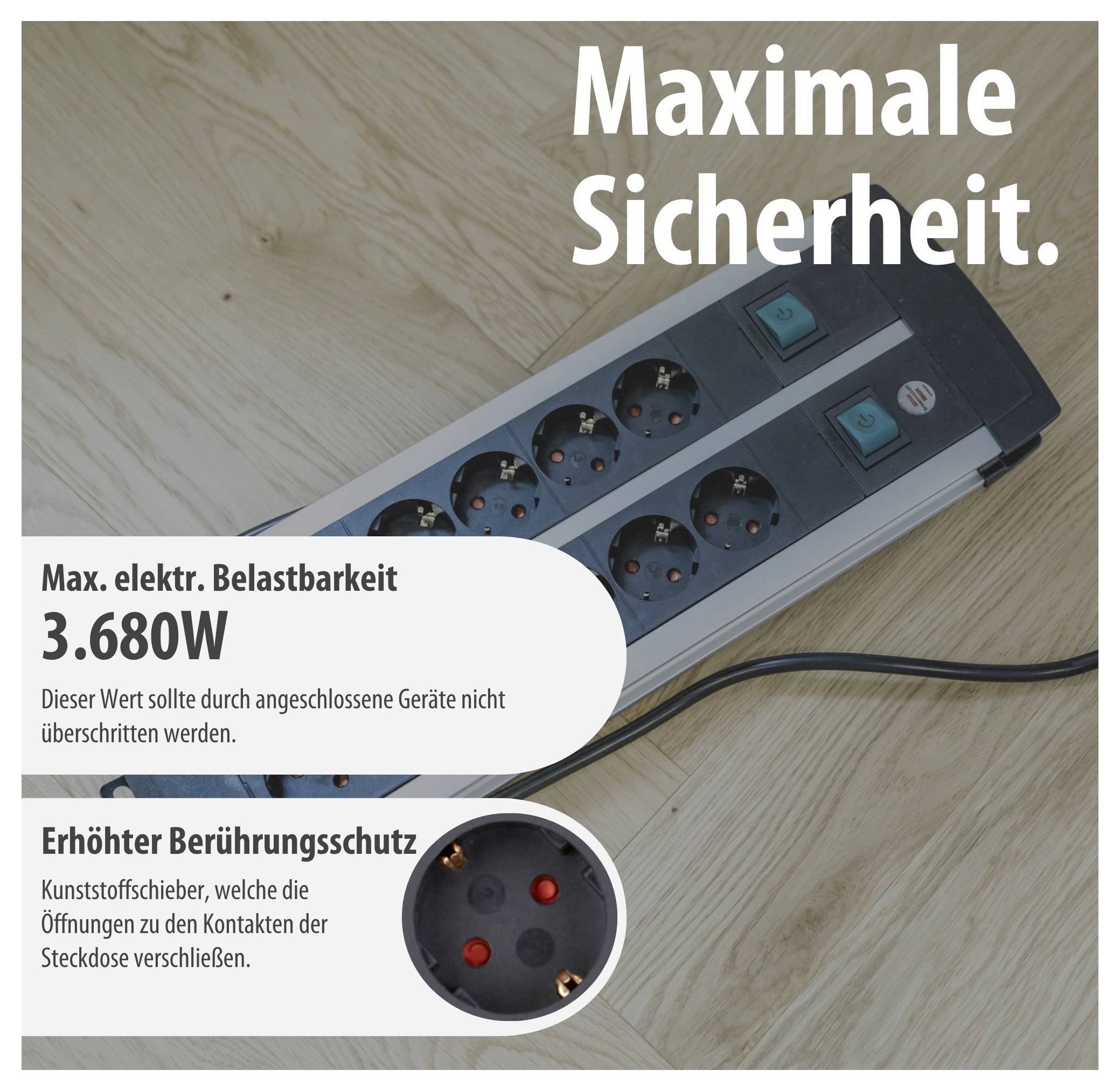 Meervoudige stekkerblok op houten vloer met tekst 'Maximale veiligheid'; Specificaties: maximale elektrische belastbaarheid 3.680 W, verhoogde aanraakingsbeveiliging.