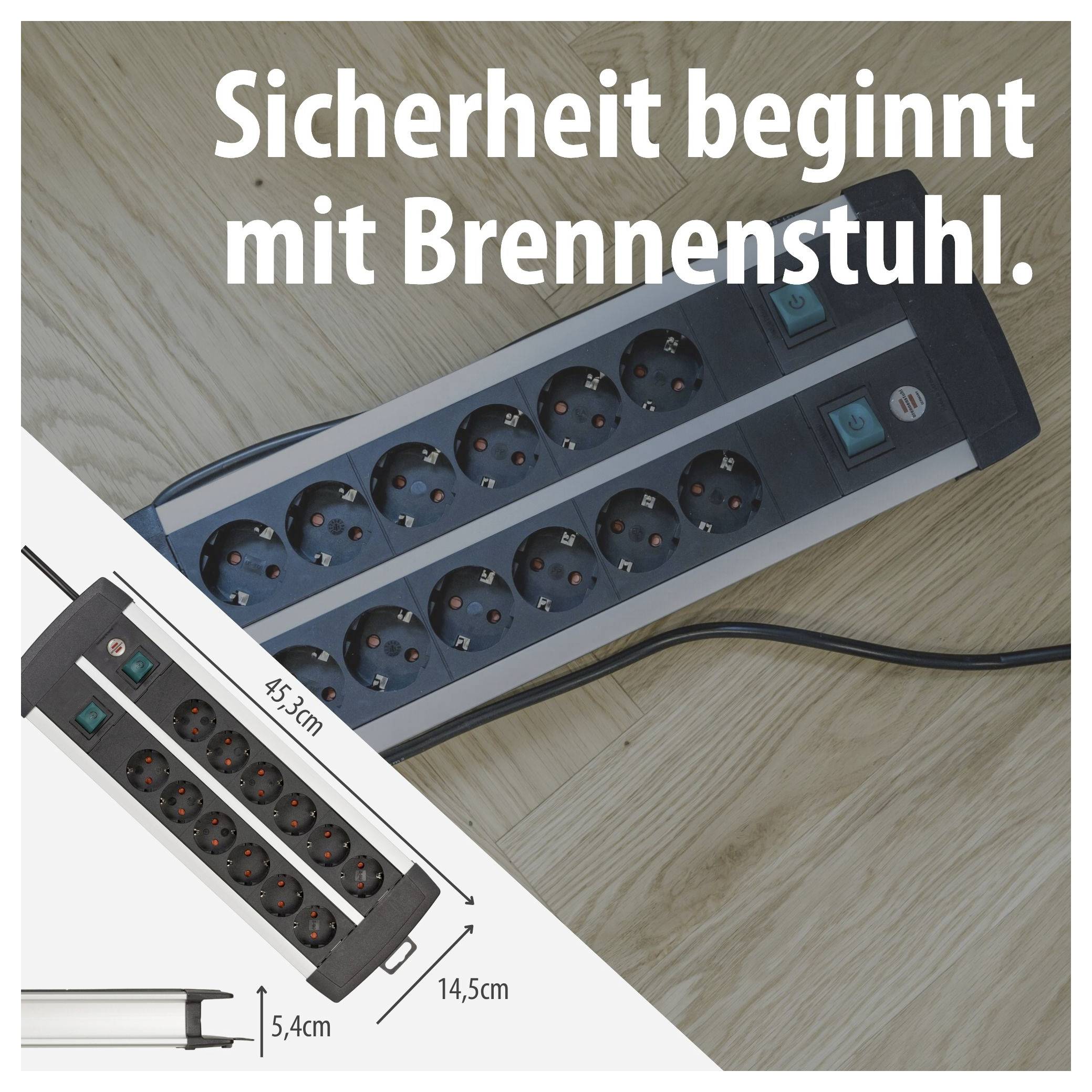 Advertentie voor een Brennenstuhl-stekkerdoos met 10 aansluitingen; Tekst: 'Veiligheid begint met Brennenstuhl.'; toont afmetingen 45,3 cm, 14,5 cm en 5,4 cm.