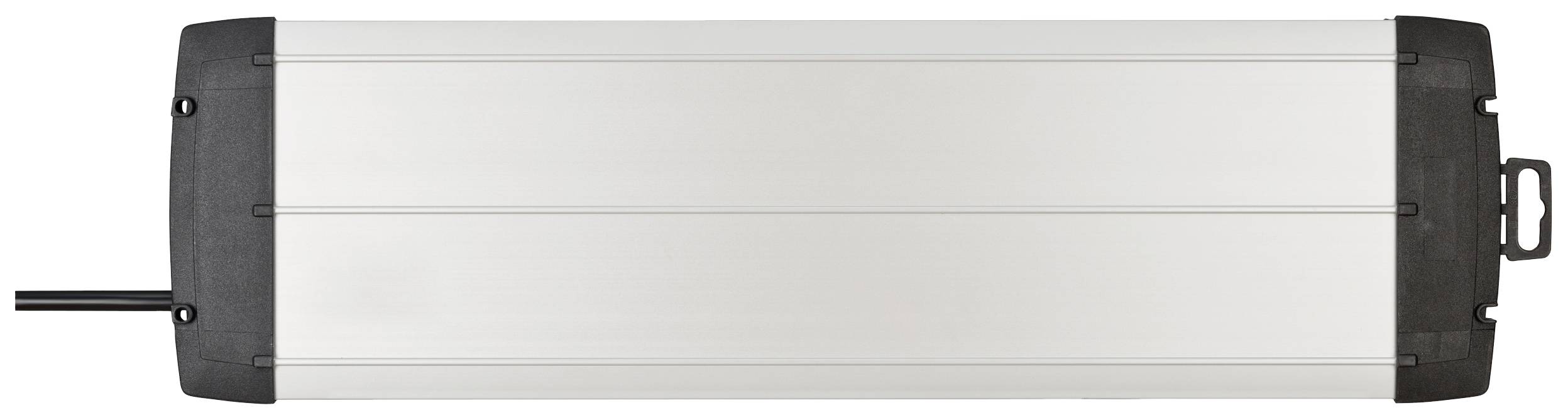 Een rechthoekige, zilverkleurige LED-driver met zwarte uiteinden en een kabel aan de linkerkant. Geschikt voor verlichtingsdoeleinden.