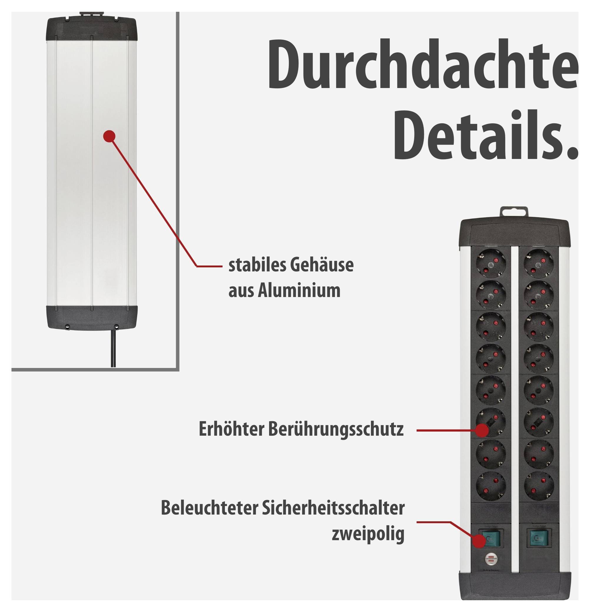 Reclamegrafiek van een stekkerdoos met aluminium behuizing, verhoogde aanraakbeveiliging en verlichte bipolaire veiligheidsschakelaar; titel 'Doordachte Details.'