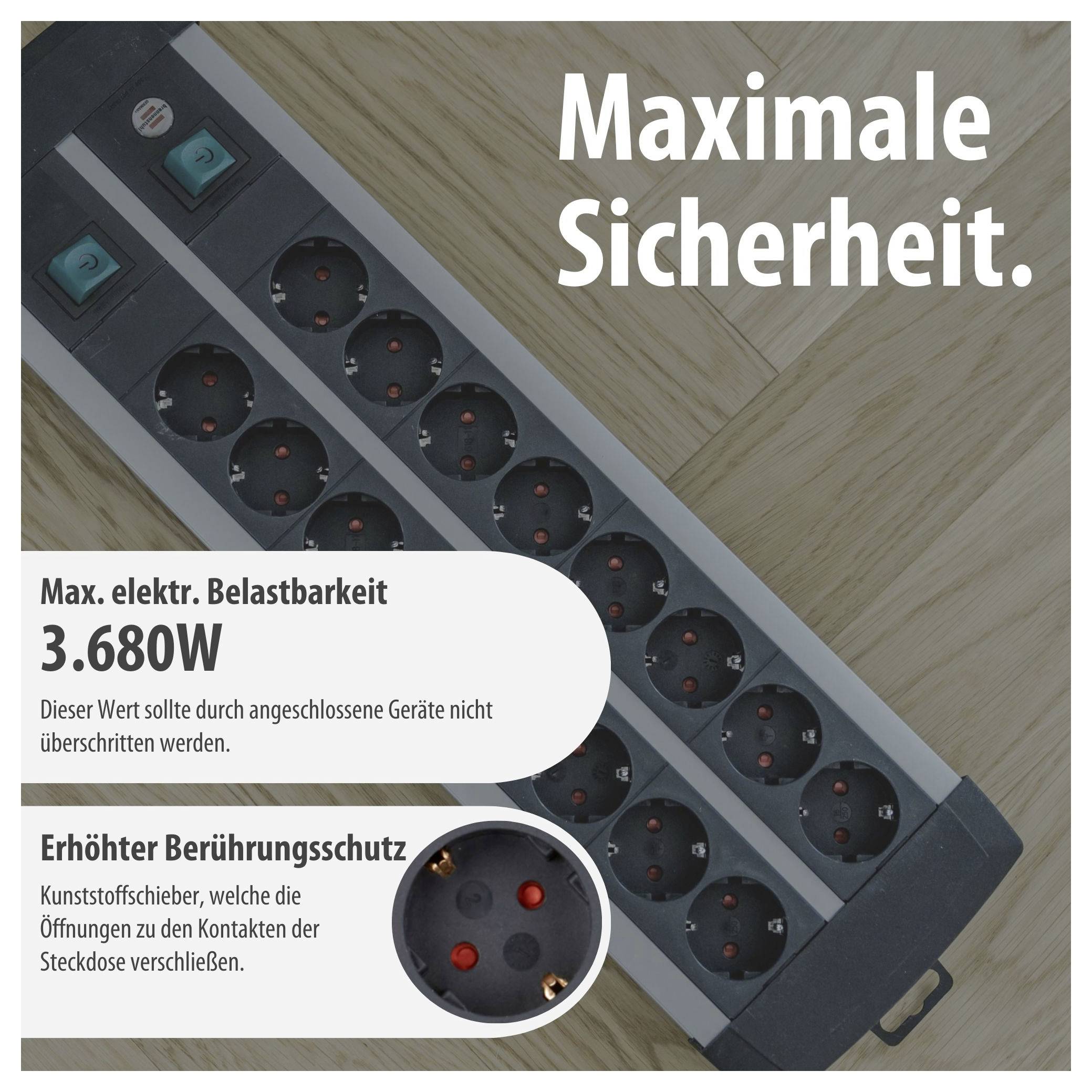 Reclame voor een stekkerdoos: 'Maximale veiligheid' en 3.680W maximale belastbaarheid; verhoogde aanraakbeveiliging door kinderbeveiliging.
