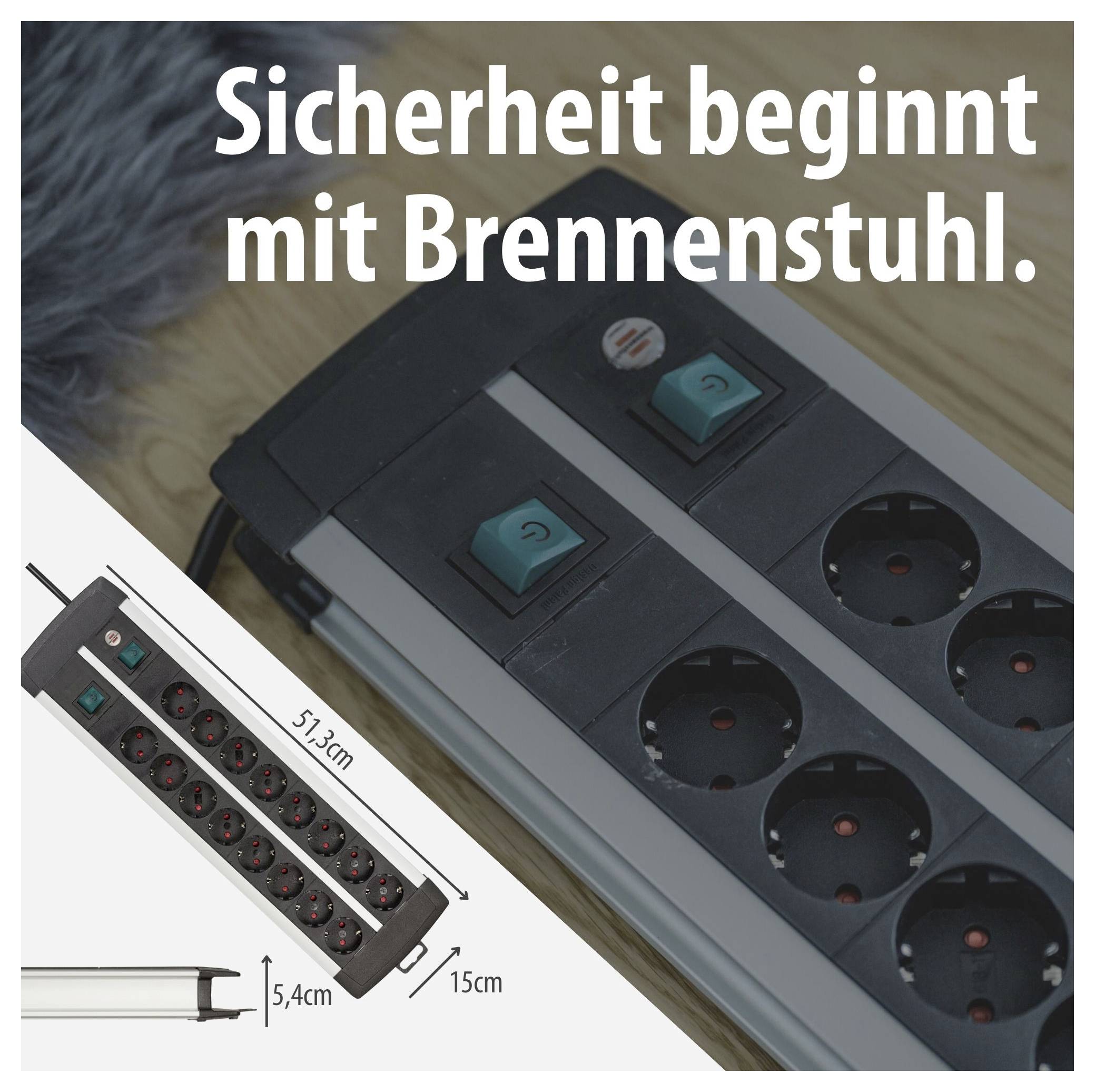 Advertentieafbeelding van een stekkerdoos met twee schakelaars; Tekst: 'Veiligheid begint met Brennenstuhl.' alsmede afmetingen 51,3 cm, 15 cm en 5,4 cm.